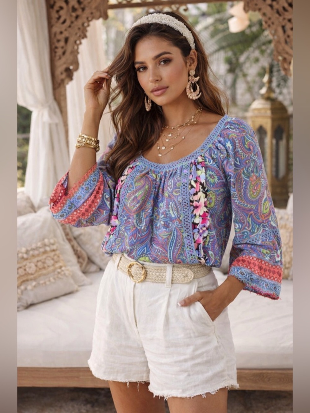 Umgee Boho Floral Paisley Peasant Top Size S Crochet Trim Hippie Festival Summer